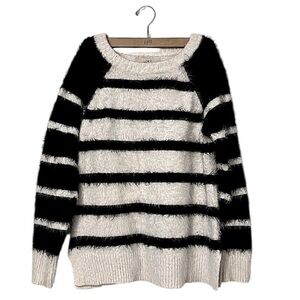 Loft Fuzzy Black & White Striped Color Block Long Sleeves Oversized Sweater Sz S